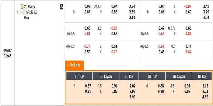 Tỷ lệ kèo Wales vs Thổ Nhĩ Kỳ